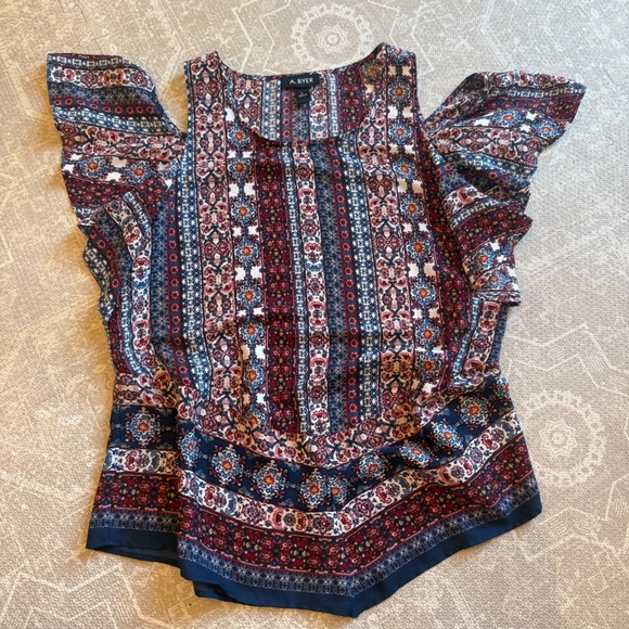 A. Byer Tops - A. Byer Cold Shoulder Blouse Women Large Multi Boho Medallion Flutter Sleeve Top